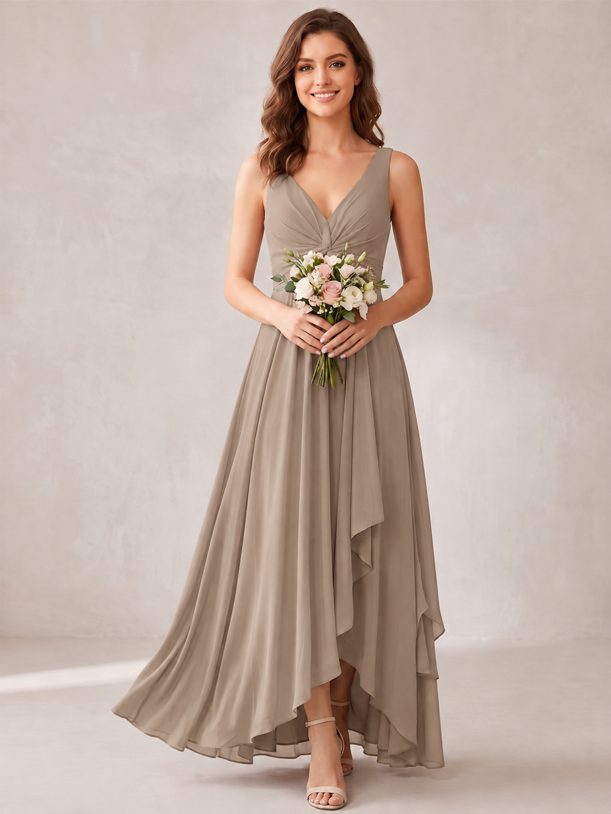 V-Neck High-Low Chiffon Bridesmaid Dress with Ruffles
