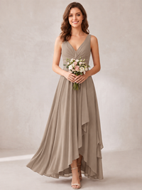 V-Neck High-Low Chiffon Bridesmaid Dress with Ruffles