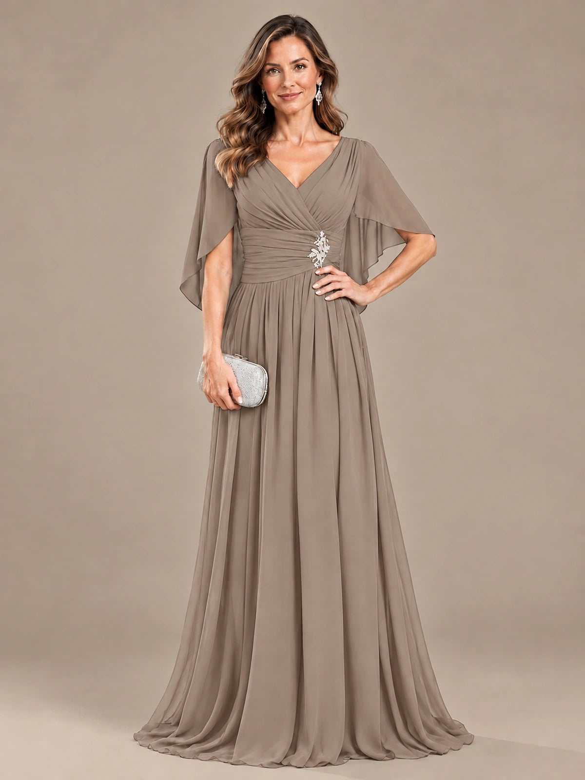 Ruched V Neck Mother of The Bride Dresses with Shawls Appliques and Cap Sleeves