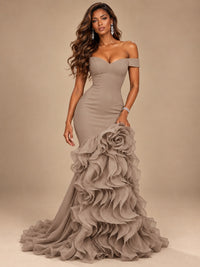 Dusty Blue Off-the-Shoulder Mermaid Prom Dress with 3D Rose & Ruffles