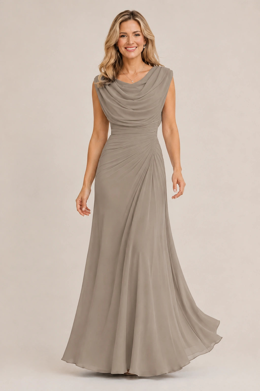 Cowl Neck Ruched Chiffon Mother of the Bride Dress