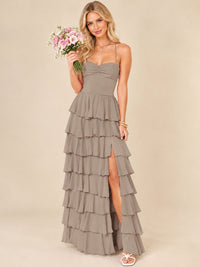 Ruffled Tiered Chiffon Prom Dress Spaghetti Straps Formal Maxi Dress with Slit