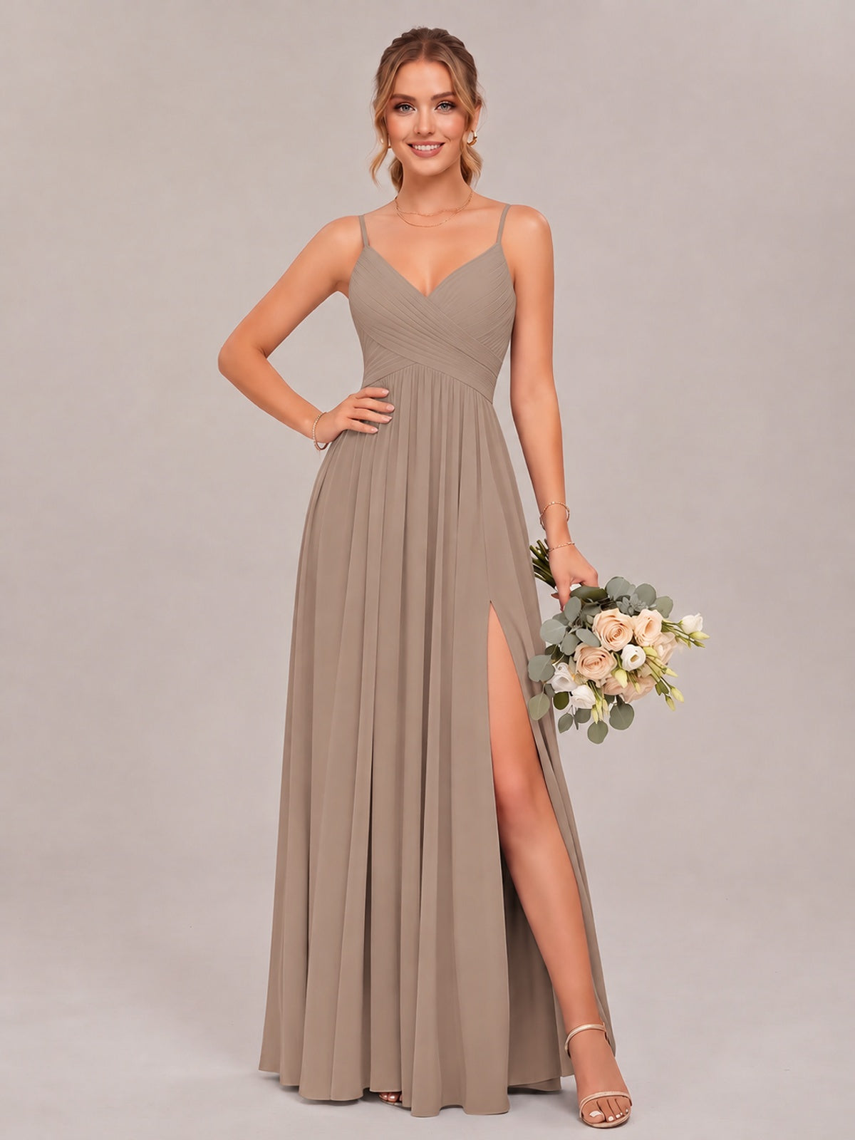 Taupe Spaghetti Straps Pleated Chiffon Bridesmaid Dress with Slit V-Neck A-line Long Formal Evening Wedding Guest Gown