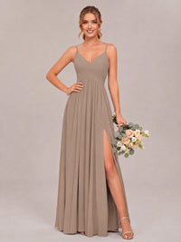 Taupe Spaghetti Straps Pleated Chiffon Bridesmaid Dress with Slit V-Neck A-line Long Formal Evening Wedding Guest Gown