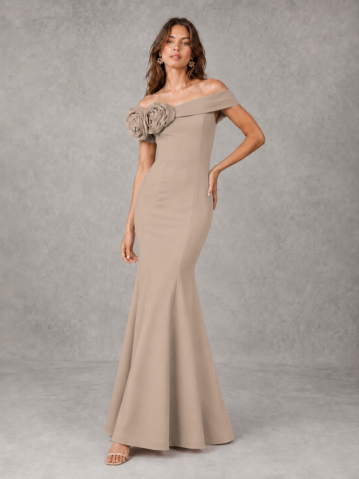 Blush Pink Off Shoulder Mermaid Bridesmaid Dress with Floral Rosette