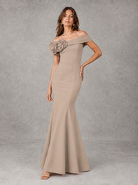 Blush Pink Off Shoulder Mermaid Bridesmaid Dress with Floral Rosette