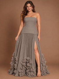 Strapless Pleated Floral Satin Formal Dress with Side Slit