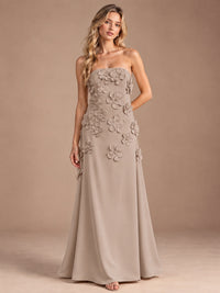 Taupe-Strapless 3D Floral A-line Satin Prom Maxi Dress Formal Evening Gown