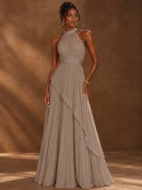 Wrap Pleated Prom Dress Halter A-line Chiffon Formal Wedding Dress