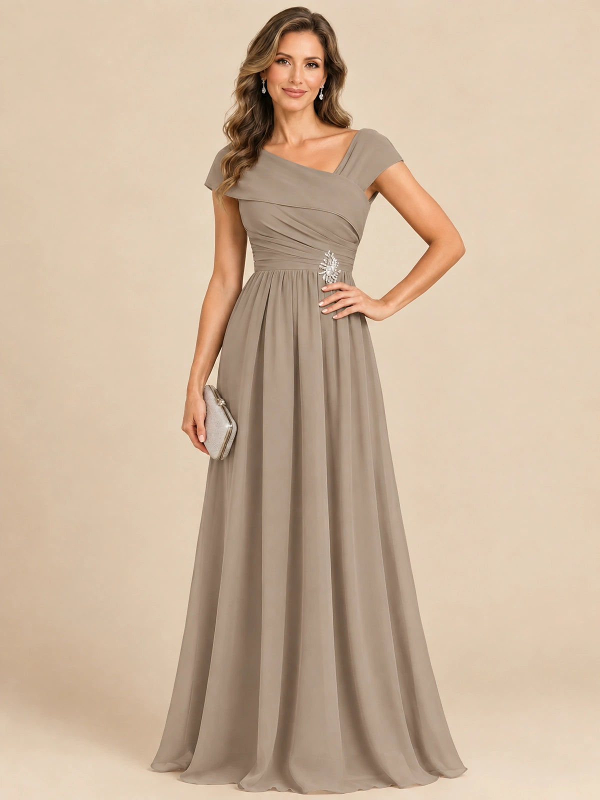 Cap Sleeve Mother of The Bride Dresses Long Chiffon Formal Gowns