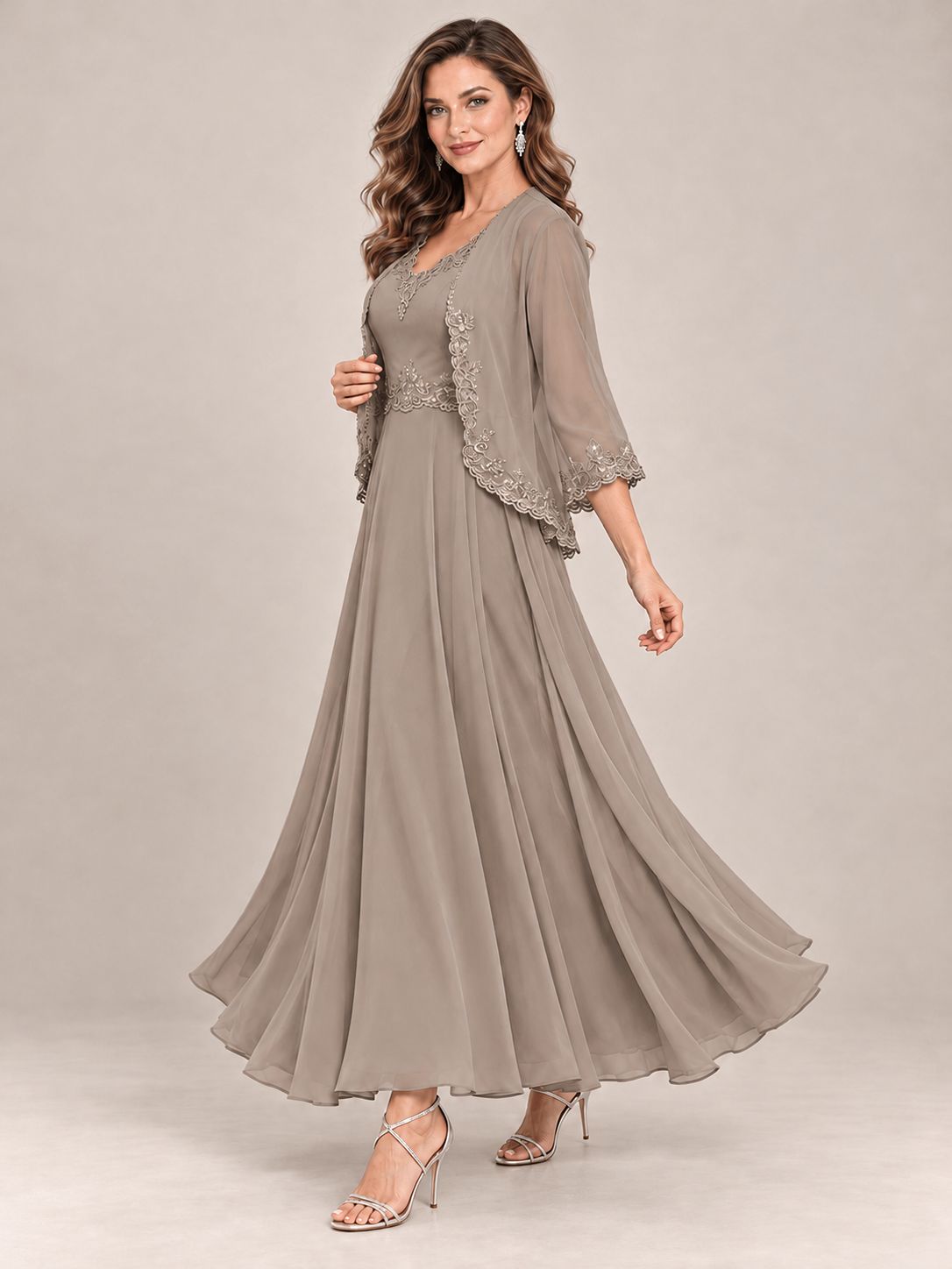 Dusty Blue Floral Lace Chiffon Mother of the Bride Dress with Jacket