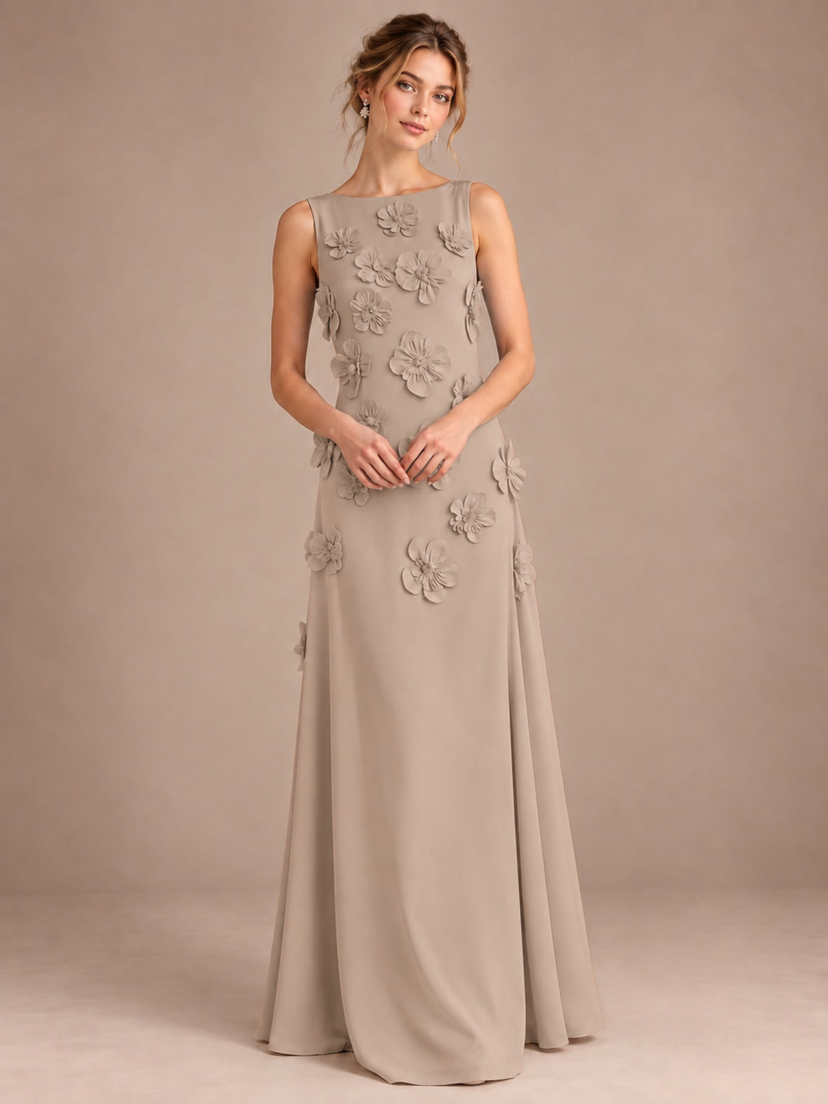3D Floral Applique Sleeveless Formal Maxi Dress
