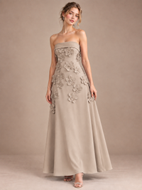 Taupe Strapless 3D Floral Appliques Maxi Dress