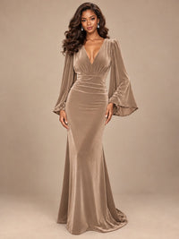 Burgundy Velvet Deep V-Neck Ruched Long Sleeve Maxi Dress