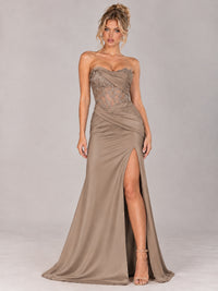 Strapless Satin Prom Dress with Sheer Lace Corset & High Slit