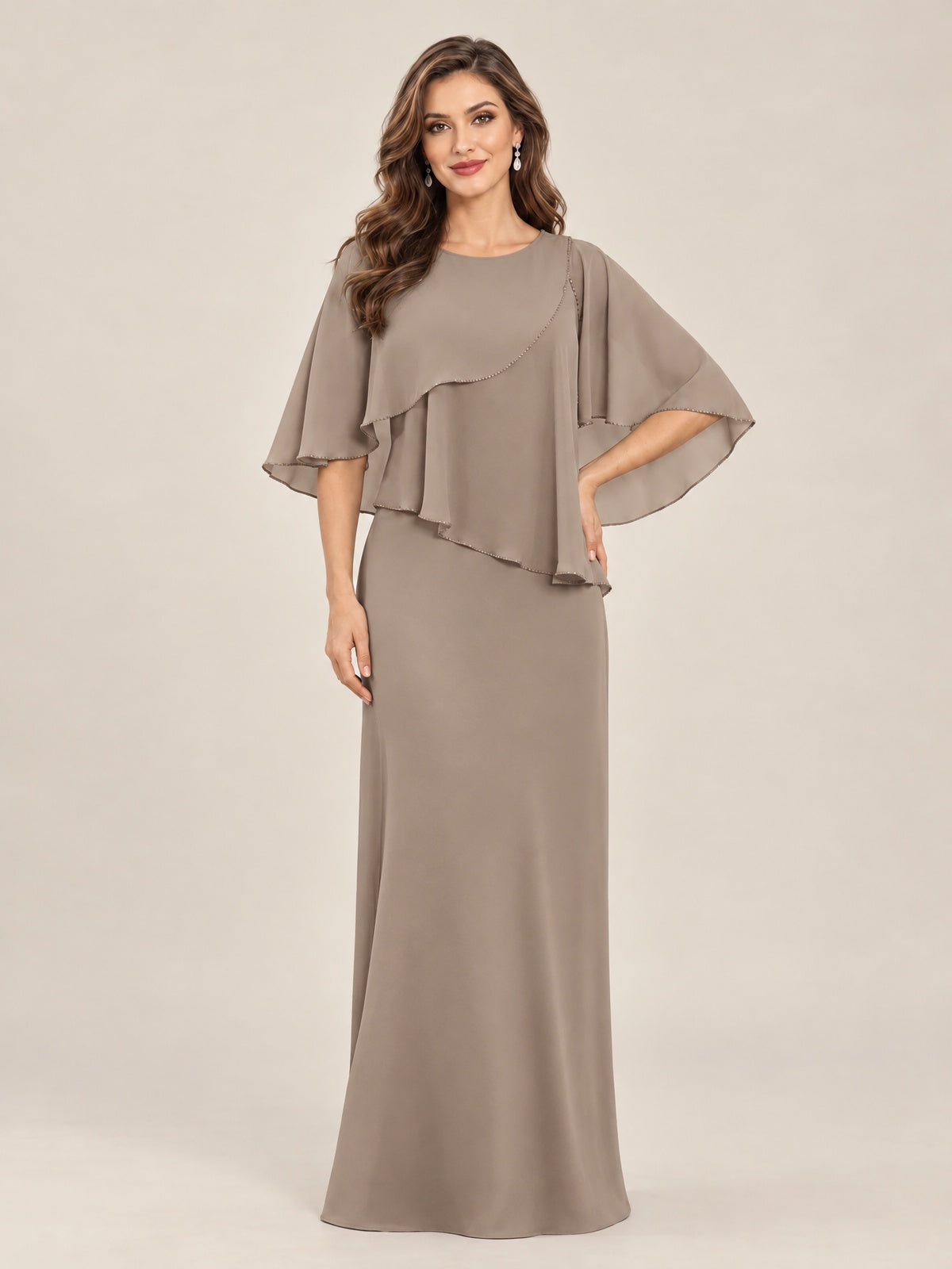 Taupe-Chiffon 2 Piece A Line Mother of The Bride Dresses with Cape