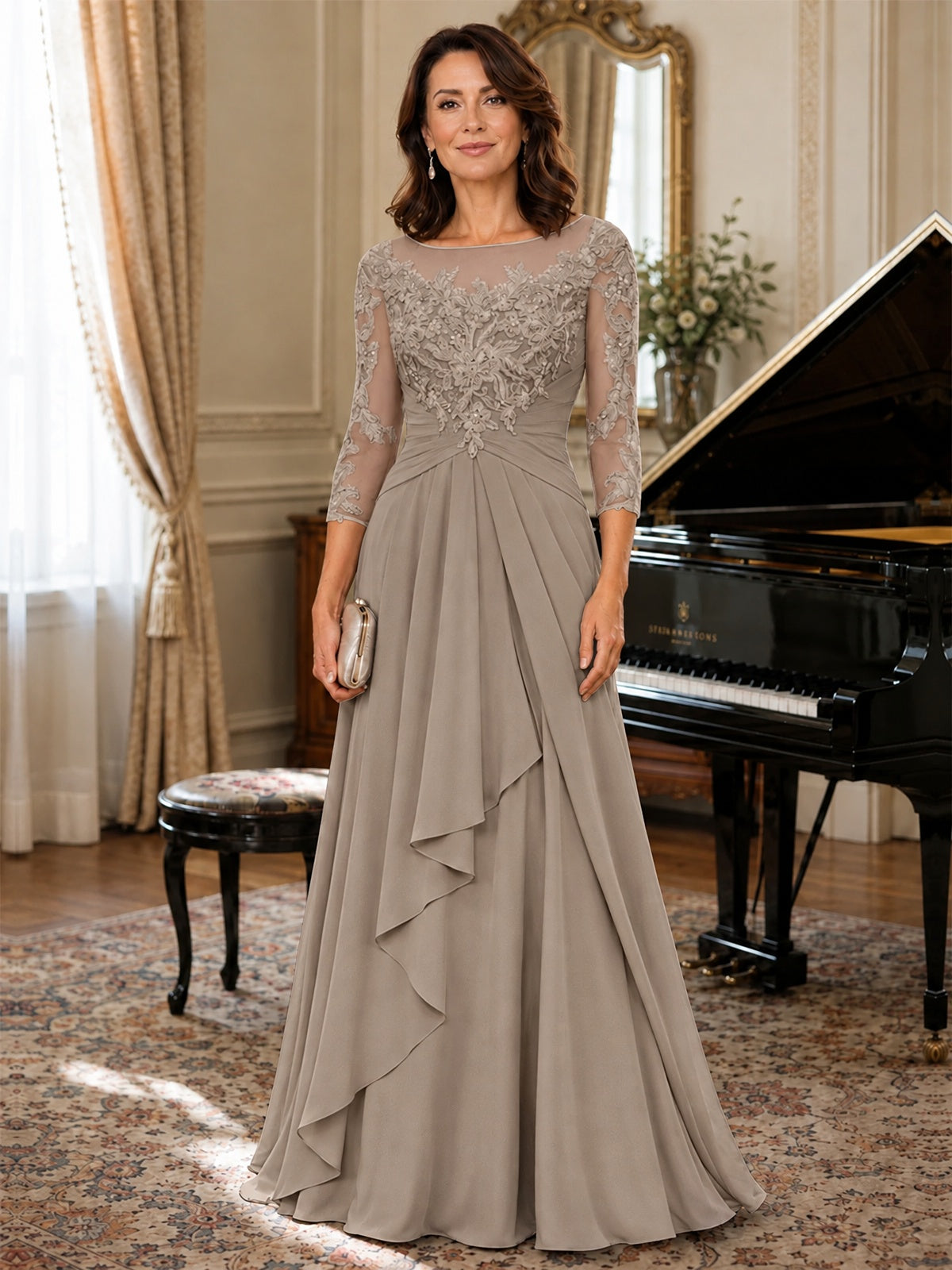 A-Line Chiffon Mother of the Bride Dress with Floral Applique 3/4 Sleeves