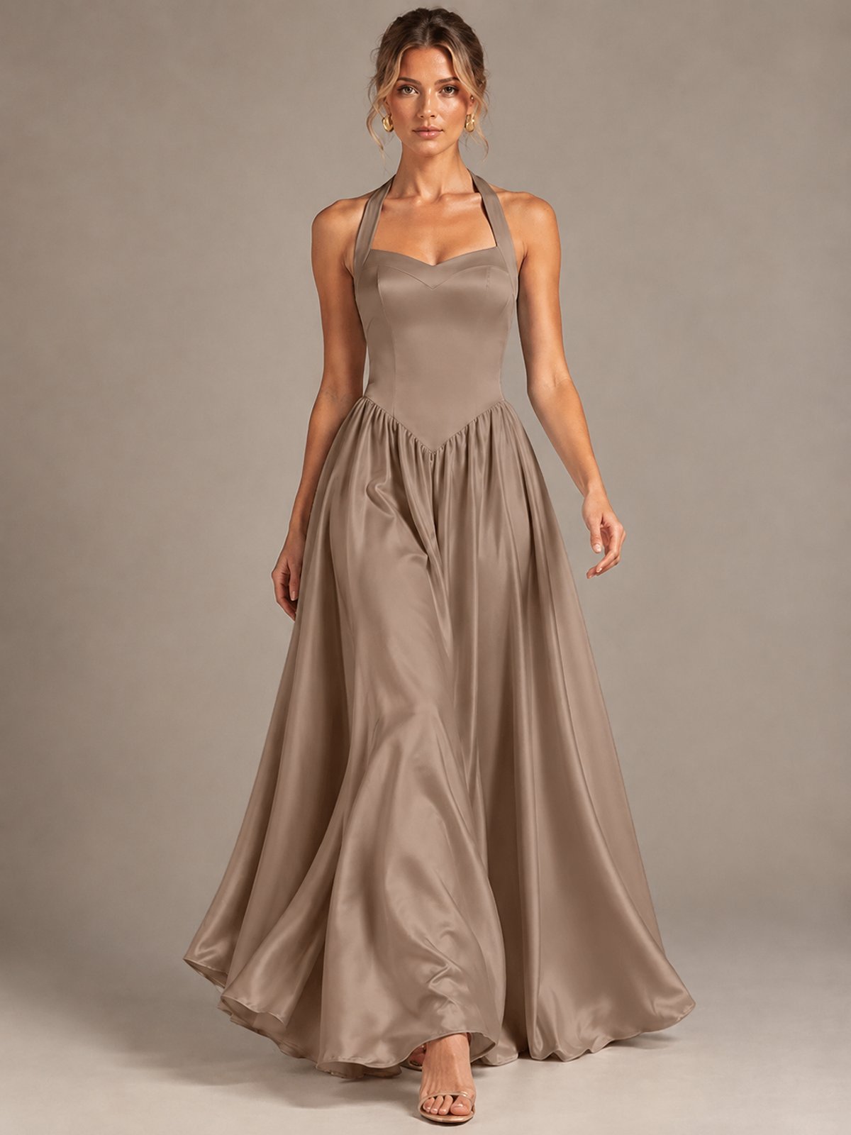 Light Yellow Halter Neck Satin A-Line Maxi Dress with Pockets