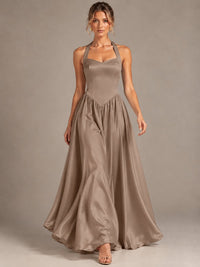 Light Yellow Halter Neck Satin A-Line Maxi Dress with Pockets