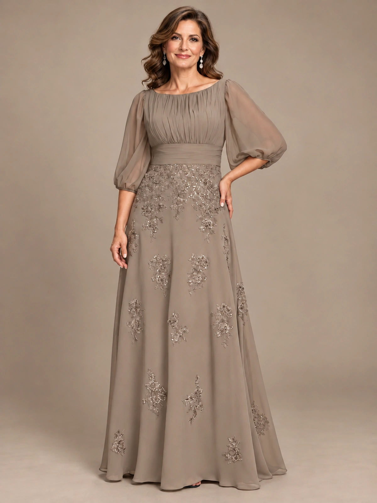 A-Line Mother of the Bride Dress with Sheer Puff Sleeves