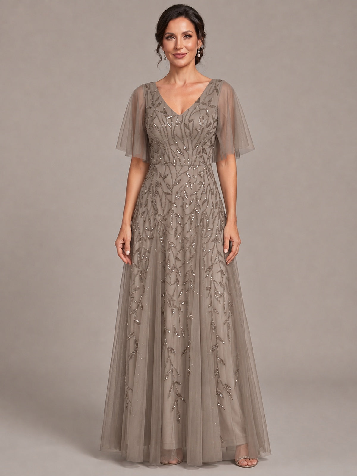 Taupe V-Neck Sequin Tulle Mother of the Bride Dress with Flutter Sleeve A-line Evening Formal Wedding Guest Dress