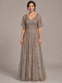 Taupe V-Neck Sequin Tulle Mother of the Bride Dress with Flutter Sleeve A-line Evening Formal Wedding Guest Dress