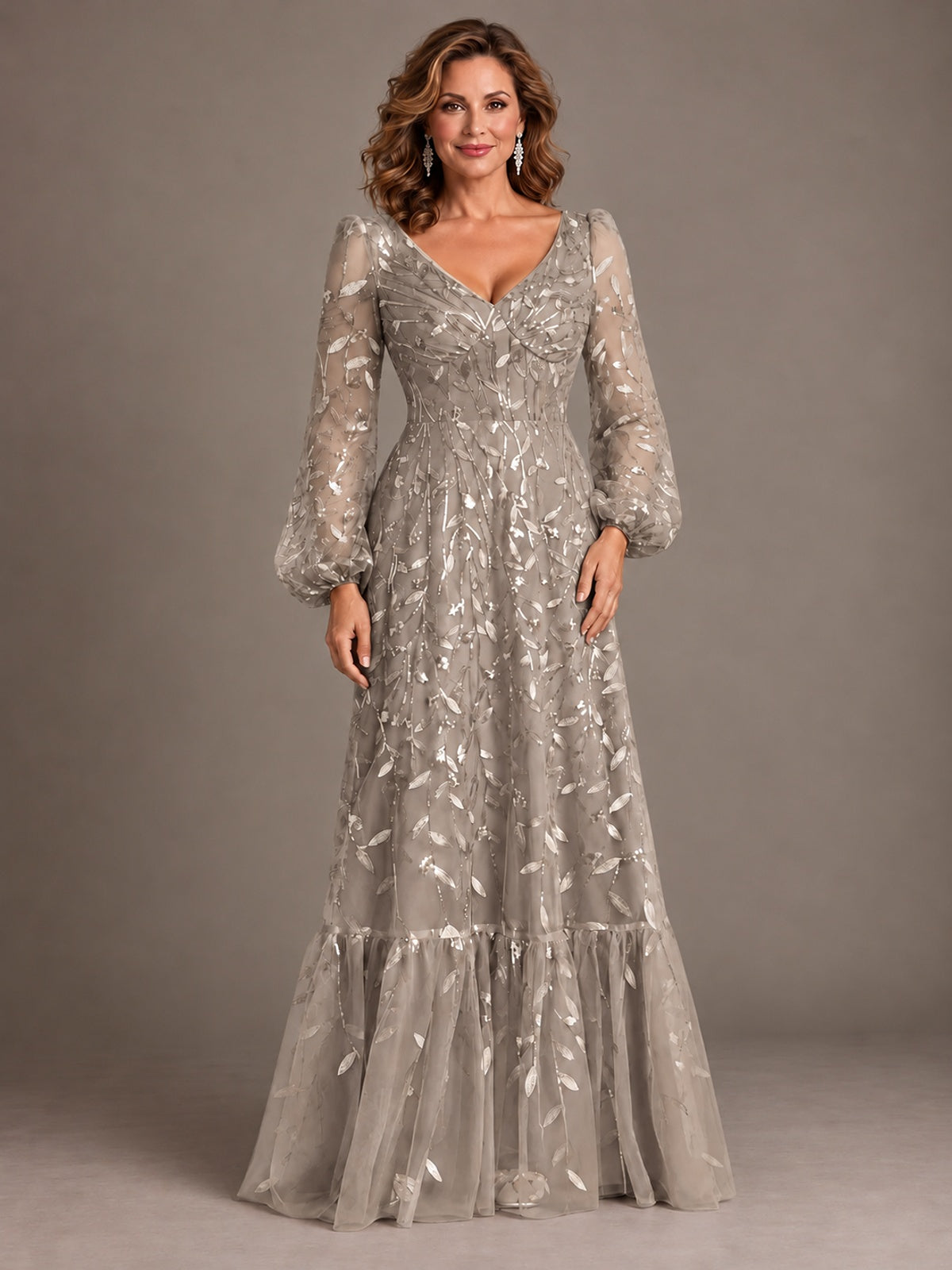 Floral Sequin Embroidered A-Line Mother of the Bride Dress with Long Sleeves