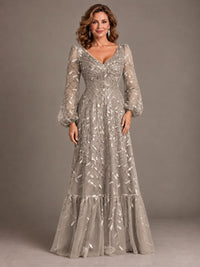 Floral Sequin Embroidered A-Line Mother of the Bride Dress with Long Sleeves