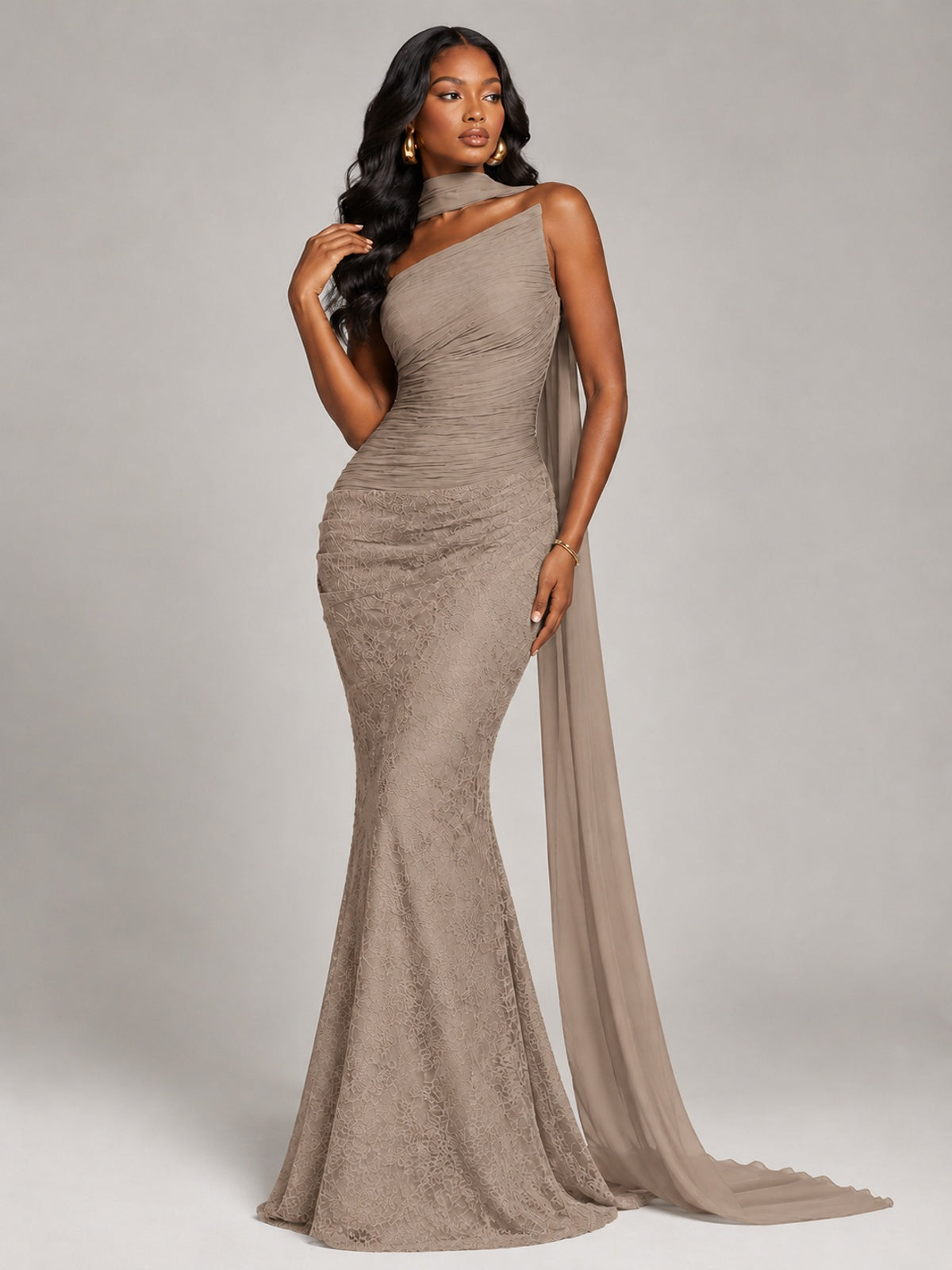 Pleated Chiffon Lace Prom Dresses Long Bodycon Mermaid with Scarf