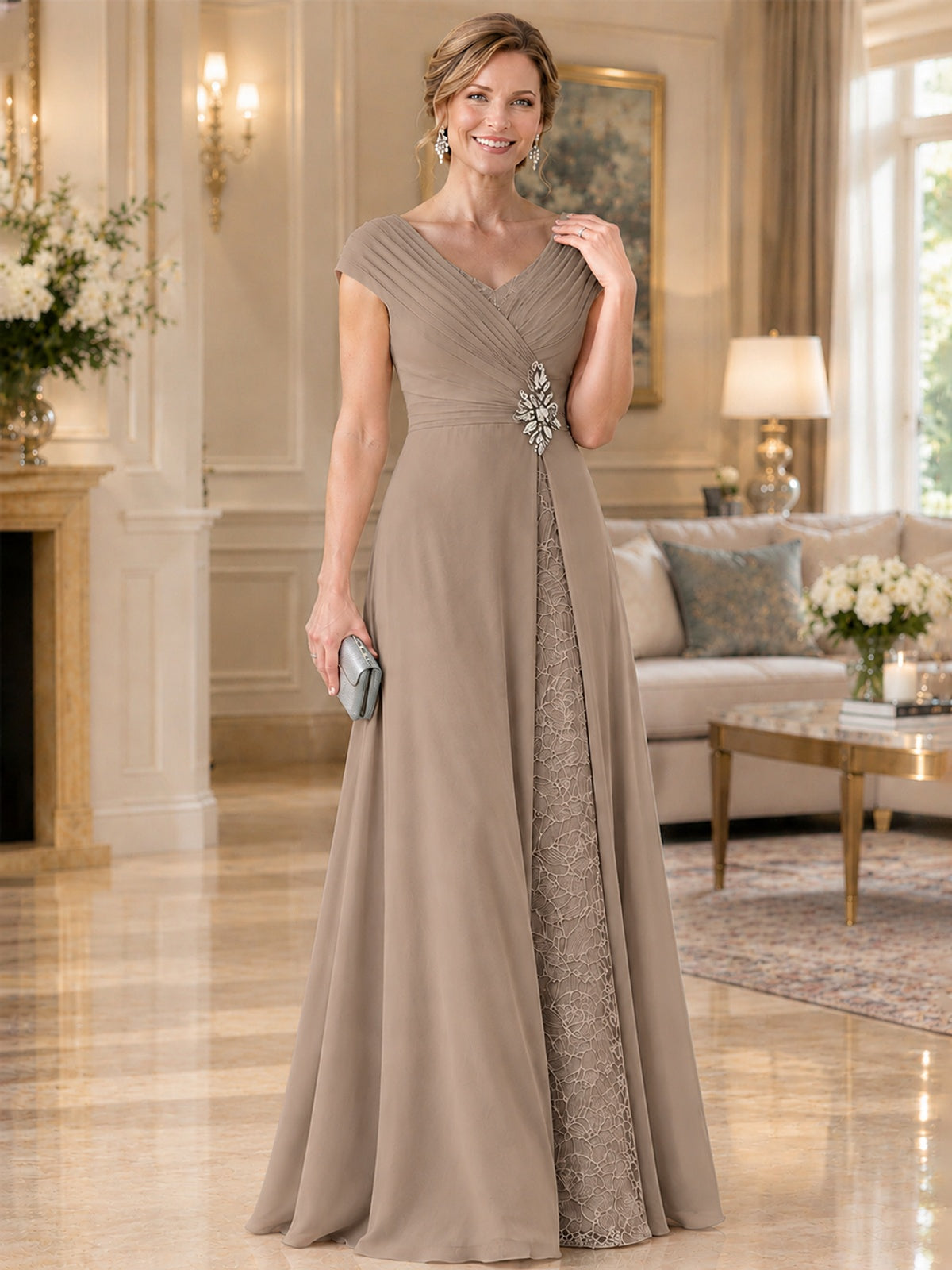 Pleated Chiffon Lace Mother of The Bride Dresses with Beading Cap Sleeves