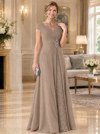 Pleated Chiffon Lace Mother of The Bride Dresses with Beading Cap Sleeves