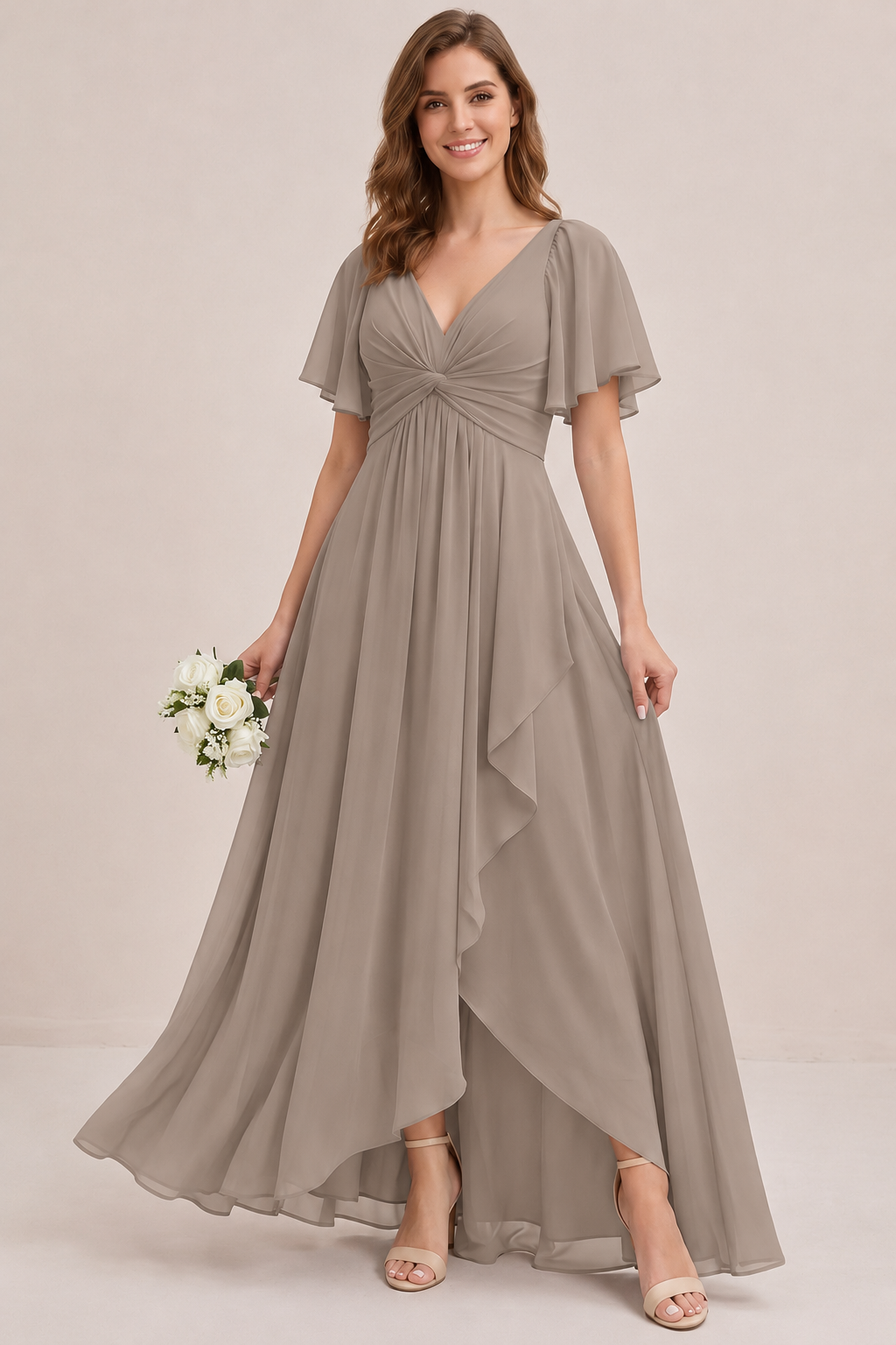 Dusty Blue Chiffon Bridesmaid Dress with Flutter Sleeves & High-Low Hem