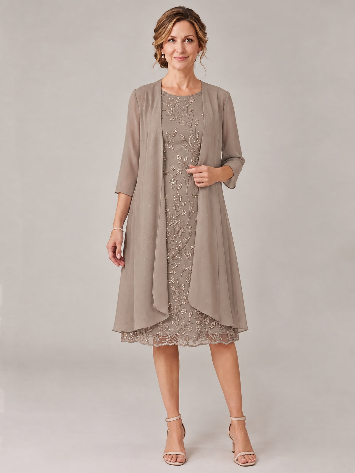 Taupe-2 Piece Lace Appliques Chiffon Mother of The Bride Dress with Sequin