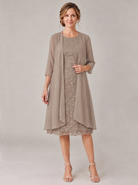 Taupe-2 Piece Lace Appliques Chiffon Mother of The Bride Dress with Sequin
