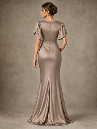 V-Neck Satin Mother of the Bride Dress with Flutter Sleeves