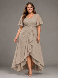 Jacquard Chiffon A-Line V-Neck High-Low Mother of the Bride Dress