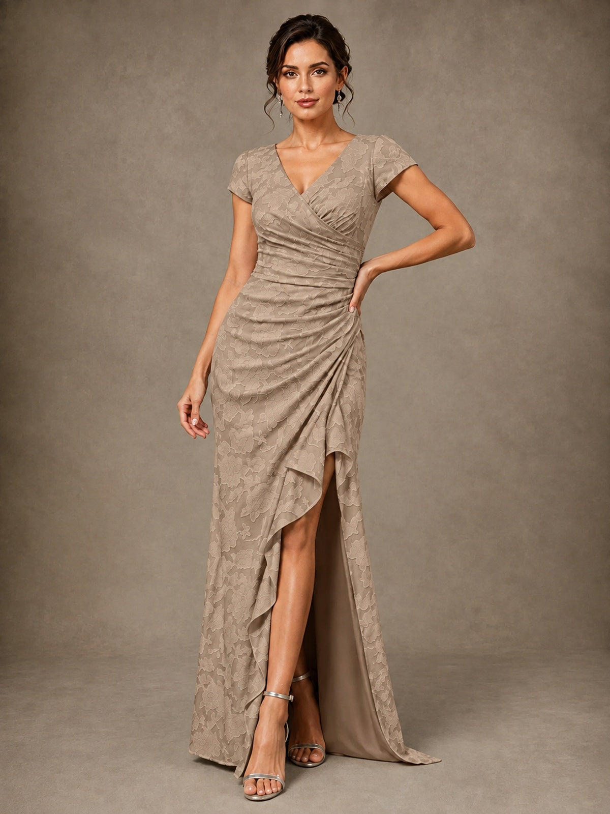V-Neck Floral Jacquard Mother of the Bride Dress with Slit