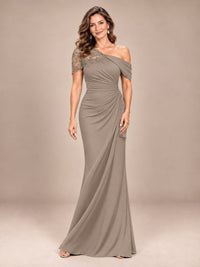 Taupe-Lace One Shoulder Chiffon Ruched Mother of The Bride Dresses