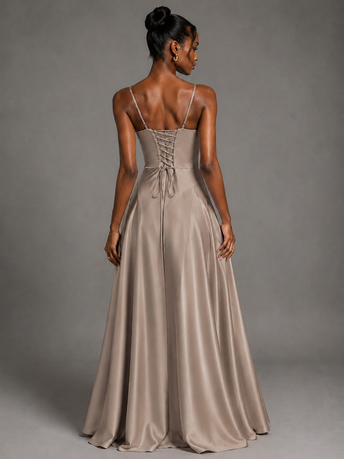 Lavender V Neck Satin Prom Dress with Spaghetti Straps