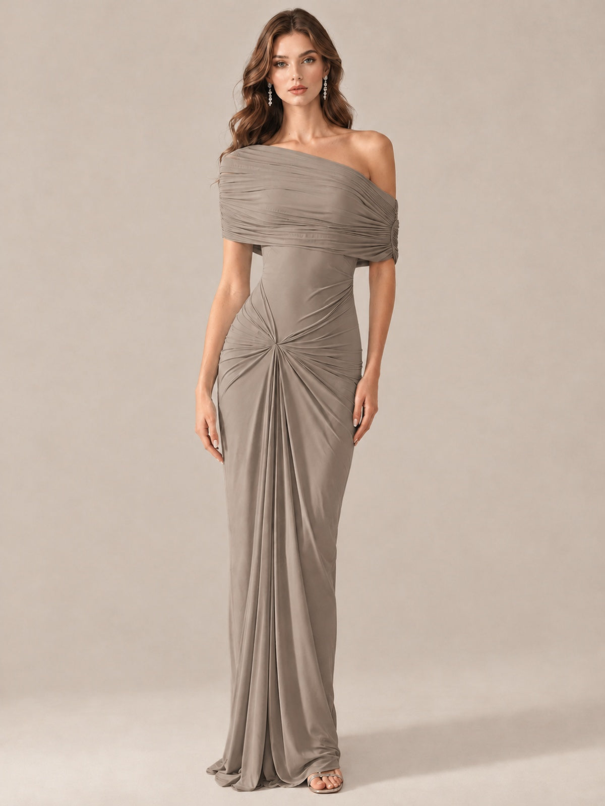 Elegant Draped Off Shoulder Ruched Mermaid Chiffon Formal Evening Gown