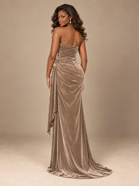 Burgundy Velvet Strapless Ruched Prom Dress with Jeweled Side Drape
