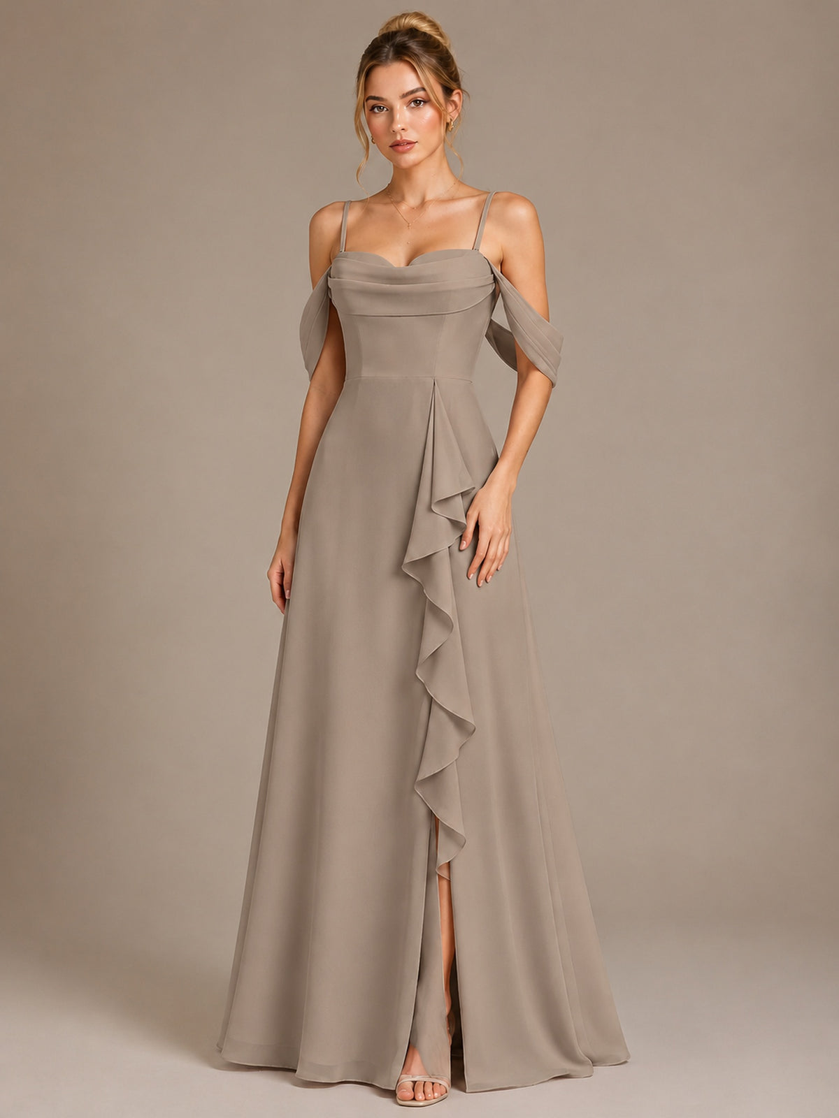 Spaghetti Strap Chiffon Bridesmaid Dress with Ruffles Slit