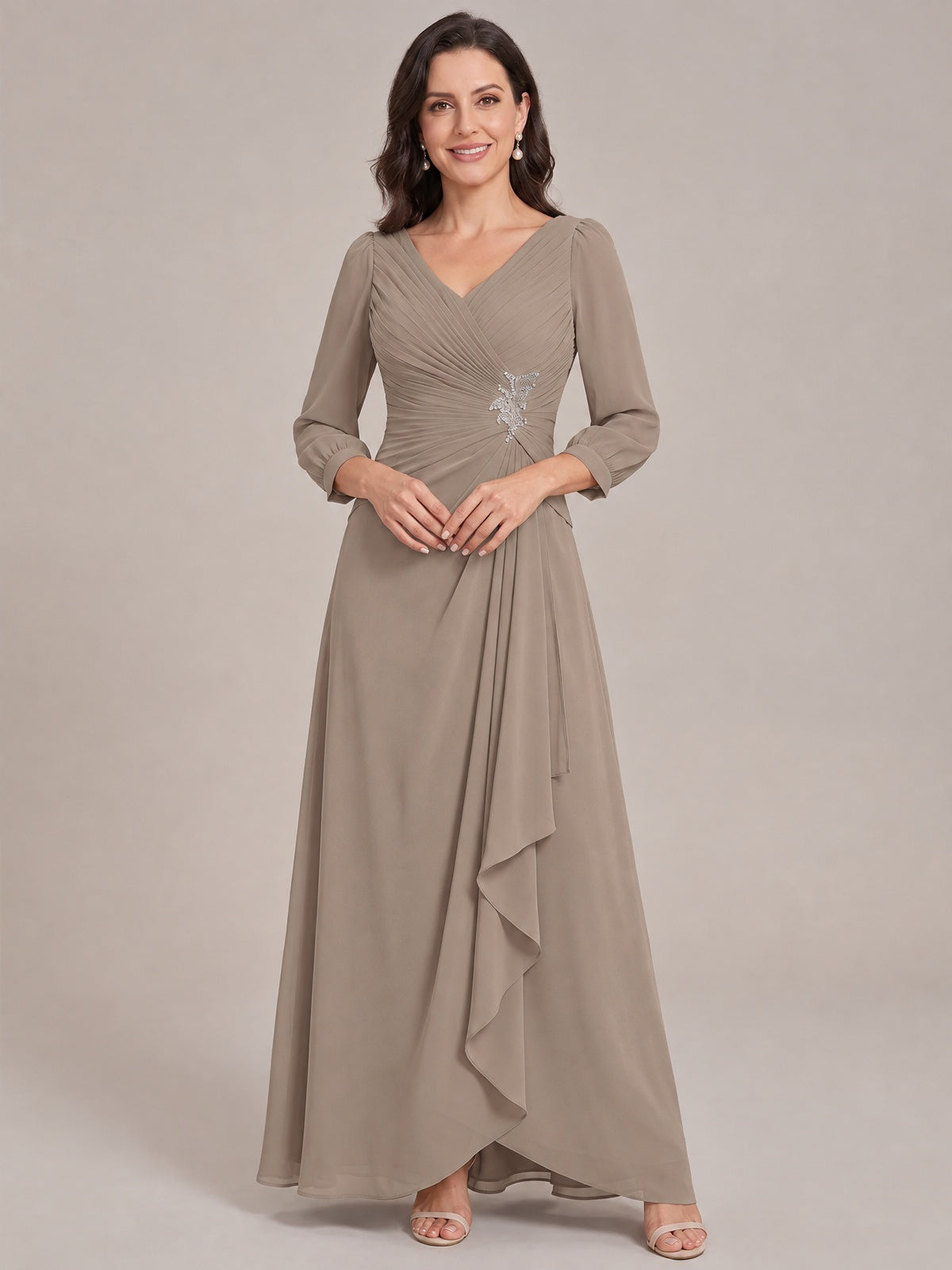 Taupe-Long Sleeve Chiffon Beaded Mother of The Bride Dresses for Women