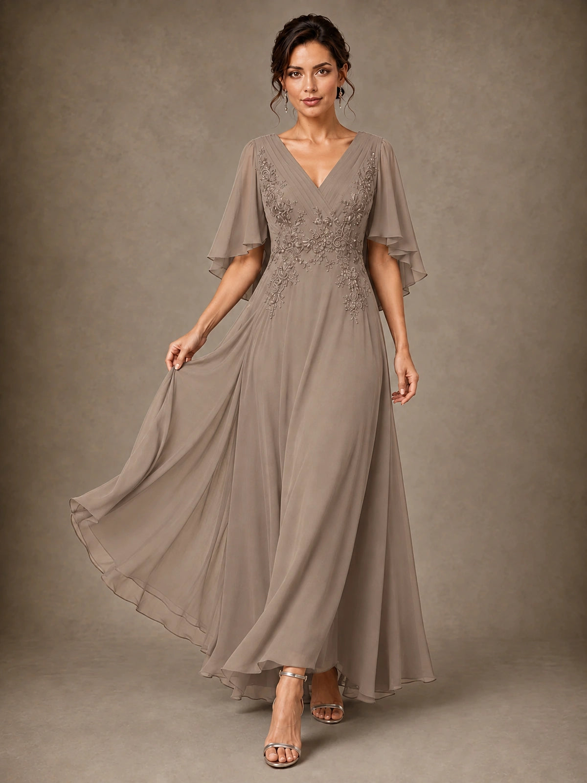 V-Neck Chiffon Lace Mother of the Bride Dress with Flutter Sleeves