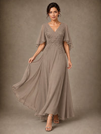 V-Neck Chiffon Lace Mother of the Bride Dress with Flutter Sleeves