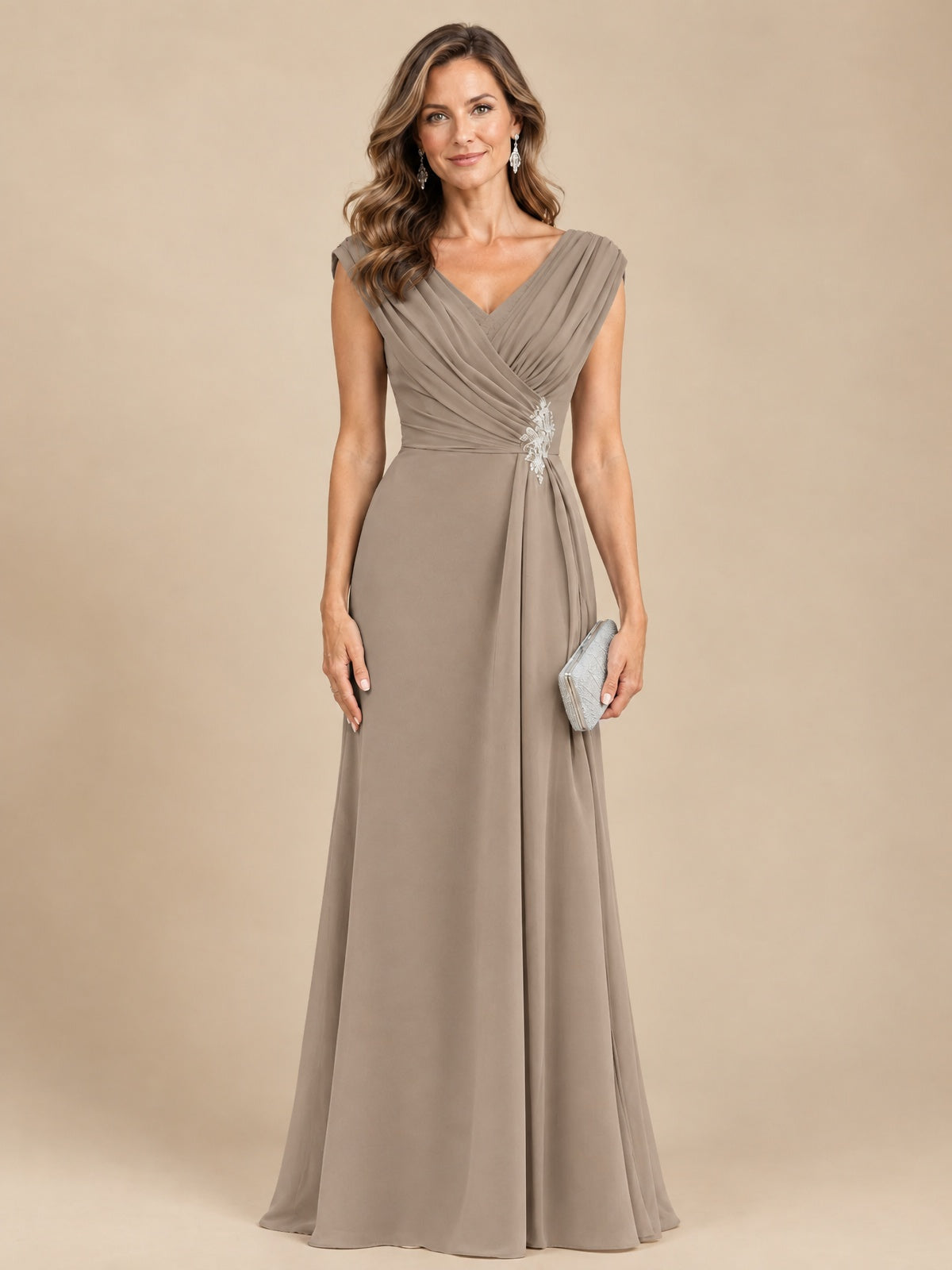 V Neck Pleated Mother of The Bride Dresses with Beading Cap Sleeves