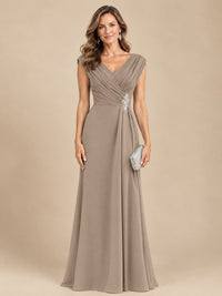 V Neck Pleated Mother of The Bride Dresses with Beading Cap Sleeves