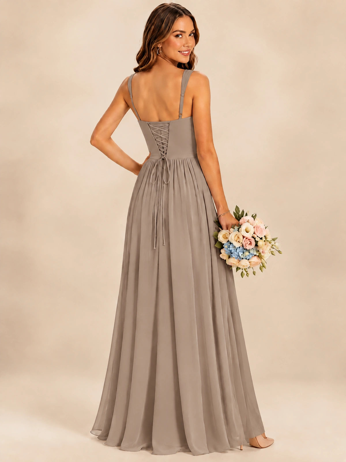 Spaghetti Straps Pleated Chiffon Bridesmaid Dress with Ruffle Slit