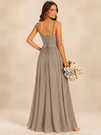 Spaghetti Straps Pleated Chiffon Bridesmaid Dress with Ruffle Slit