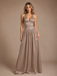 Pink V Neck Halter Satin Maxi Dress